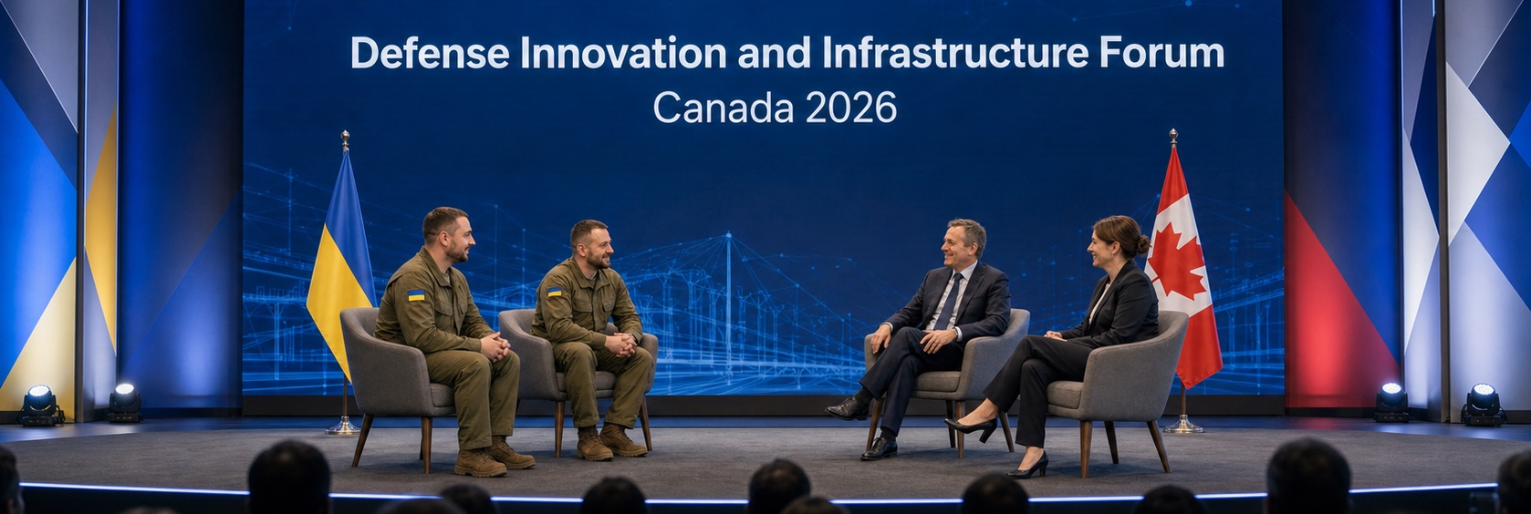 Ukrainian military representatives and Canadian officials in discussion on the Defence Innovation and Infrastructure Forum stage